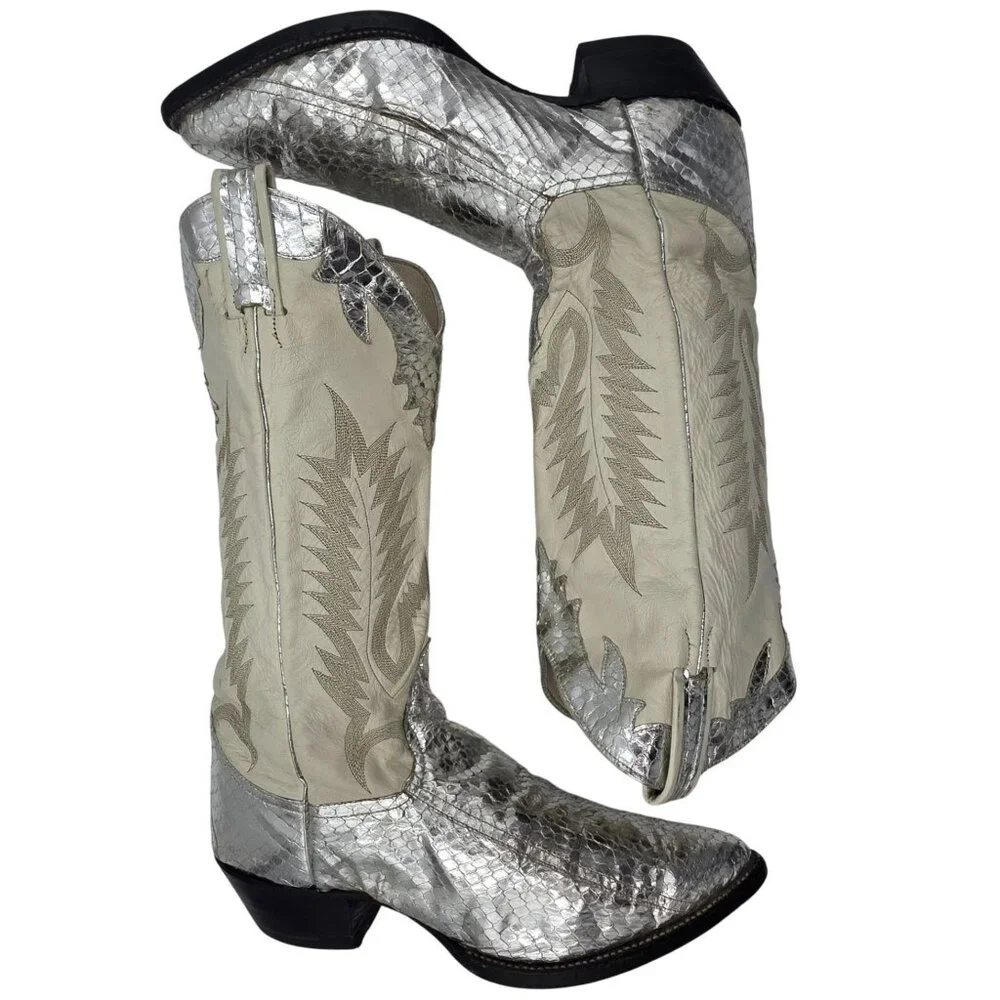 Vintage 1970s Mens 11D Larry Mahan Silver Metallic Snakeskin Cowboy Boots Rare - Picture 9 of 16